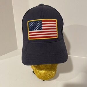 Trucker‎ Hat USA Flag Patch / Gold Border on Navy/Navy Snapback